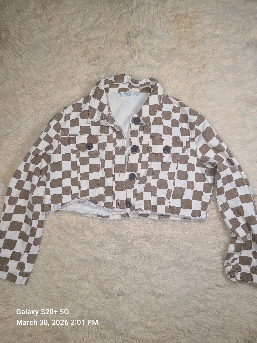 Checked Crop Jean Jacket in Brown and Cream - Picture 3 of 7